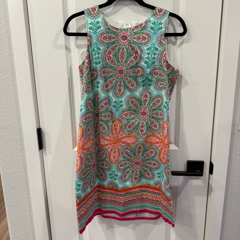London Times Sleeveless Floral Print Shift Dress - Turquoise & Pink